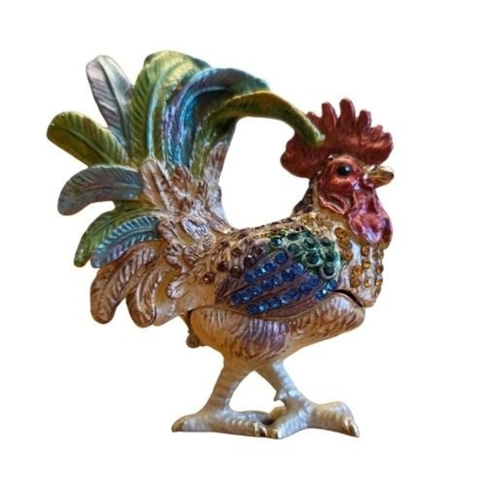 Multicolor Enamel Rooster Trinket Box Rhinestone Bejeweled Hinged Figurine 3in